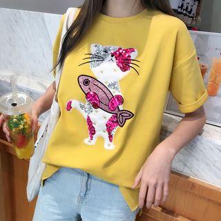 Short-sleeve Cat Sequined T-shirt