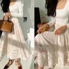 Scallop-hem Long Lace Skirt Light Beige - One Size
