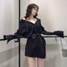 Off Shoulder Collar Long-sleeve Shirtdress Black - One Size