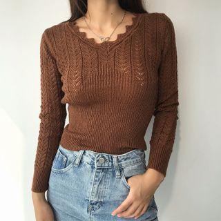 V-neck Tie-side Eyelet Knit Cropped Top