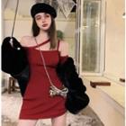Long-sleeve Cold-shoulder Plain Slim-fit Knit Dress Red - One Size