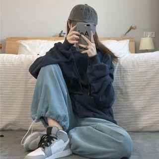 High-waist Drawstring Plain Corduroy Sweatpants