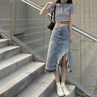 Short-sleeve Collared Distressed Striped Cropped Shirt / High-waist Asymmetric Distressed Denim Skirt