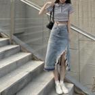 Short-sleeve Collared Distressed Striped Cropped Shirt / High-waist Asymmetric Distressed Denim Skirt