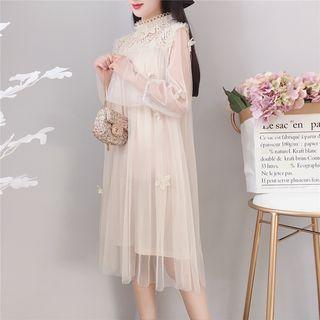 Set: Plain Slipdress + Applique Long-sleeve Mesh Dress