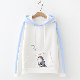Contrast-trim Cat Print Hoodie