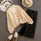 Set: Plain Cardigan + Mock-neck Top + Midi A-line Skirt