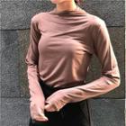Plain Mock-neck Long-sleeve Slim-fit T-shirt