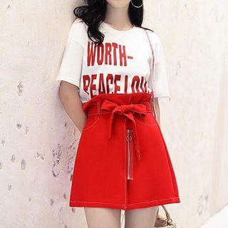 Set:lettering-printed Short-sleeve T-shirt+plain Lace-up Skirt
