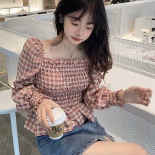Plaid Square-neck Blouse Pink - One Size