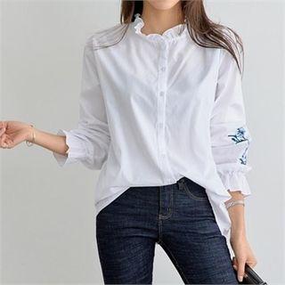Flower-embroidered Frilled Blouse