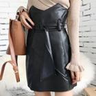 High Waist Faux Leather A-line Skirt With Belt
