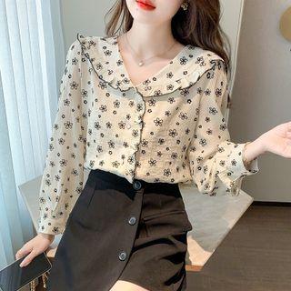 Long-sleeve Sailor Collar Floral Print Blouse