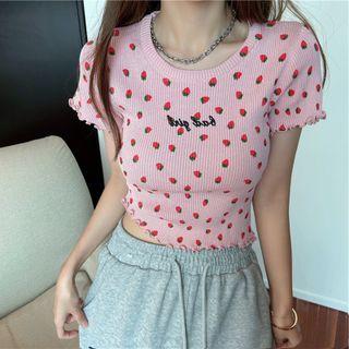 Short-sleeve Strawberry Print Frill Trim Knit Top
