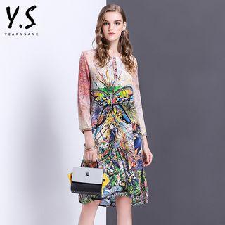 Butterfly Print 3/4-sleeve Shift Dress
