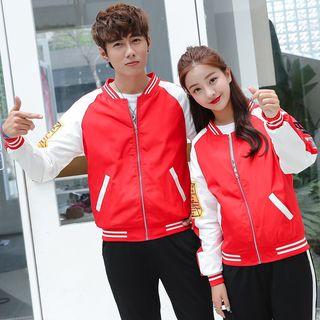 Couple Matching Applique Bomber Jacket / Color Block Sweatpants