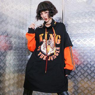 Tiger Print Mock Two-piece Long Sweatshirt Black - One Size