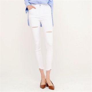 Cropped Fray-hem Distressed Slim Fit Pants