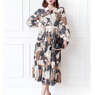 Print Pleated Midi A-line Dress