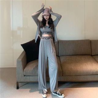 Plain Button Jacket / Lettering Cropped Tank Top / Cropped Wide-leg Pants