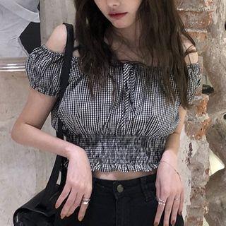 Cold Shoulder Short-sleeve Top Plaid - Black - One Size