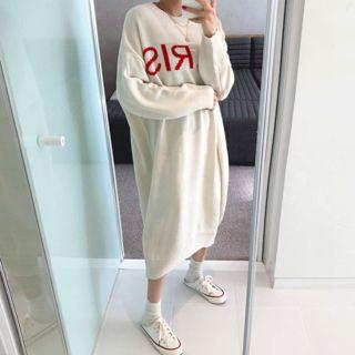 Round-neck Letter Print Knit Dress Ivory - One Size