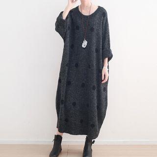 Dotted Round Neck Knit Midi Dress As Shown In Figure - One Size