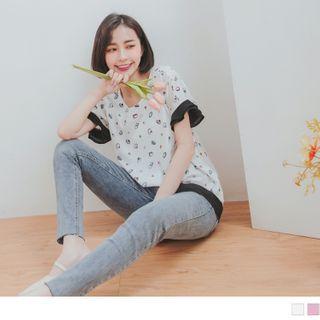 Ruffle Sleeve Printed Panel Chiffon Top