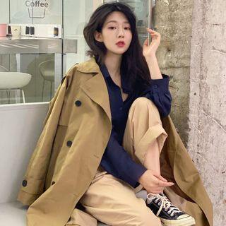 Plain Shirt / High-waist Wide-leg Pants / Double-breasted Loose Trench Coat With Sash