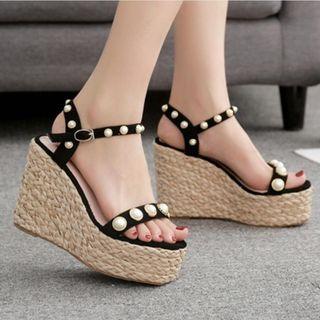 Faux Pearl Accent Espadrille Wedge Platform Sandals