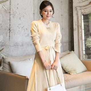 Long-sleeve Tie-waist Knit Midi A-line Dress As Shown In Figure - One Size