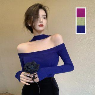 Long-sleeve Plain Slim-fit Halter Top / Velvet Skirt (various Designs)