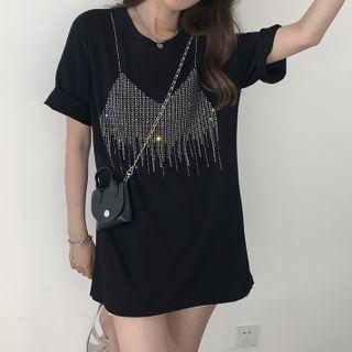 Elbow-sleeve Mock Two-piece Rhinestone T-shirt