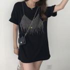 Elbow-sleeve Mock Two-piece Rhinestone T-shirt