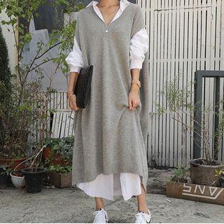 Sleeveless Midi A-line Knit Dress Gray - One Size