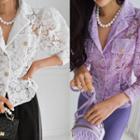 Notch-collar Sheer Lace Blouse