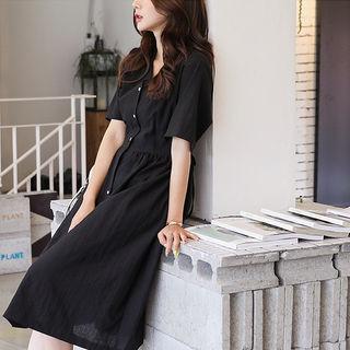 V-neck Elbow-sleeve Midi Shirtdress (l~xxl)