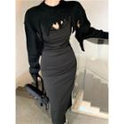 Long-sleeve Frayed Shawl / Plain Slim-fit Sleeveless Dress (various Designs)