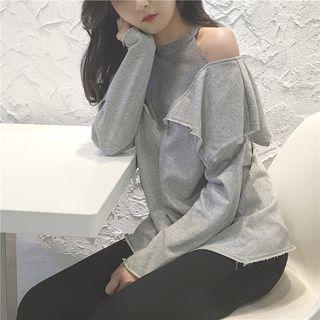 Ruffle Trim Cut Out Shoulder Pullover