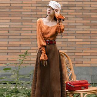 Set: Square-neck Lace Up Blouse + Striped Midi A-line Skirt