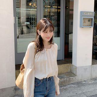 Round-neck Shirred Boxy Blouse Light Beige - One Size