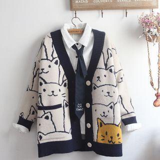 Cat Jacquard Cardigan / Shirt / Set