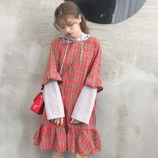 Mock Two-piece Long-sleeve Hooded Plaid Dress