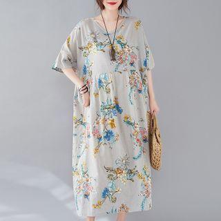 Elbow-sleeve Floral Linen Blend A-line Midi Dress Floral - Light Gray - One Size
