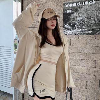 Letter Embroidered Hooded Zip Jacket / Mini Pencil Skirt / Contrast Trim Cropped Camisole Top