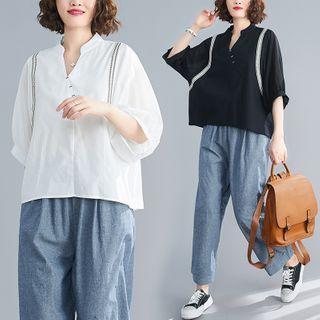 Elbow-sleeve Embroidered Trim Blouse