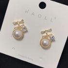 Faux Pearl Cz Stud Earring 1 Pair - Gold - One Size