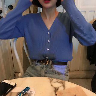 Long-sleeve Plain Knit Cardigan Denim Blue - One Size