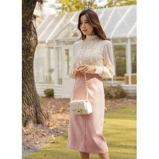 Pleated-trim Napped Lace Top Light Beige - One Size