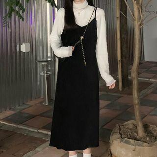 Spaghetti Strap Corduroy Midi Dress / Long-sleeve Mock-neck Lace Top